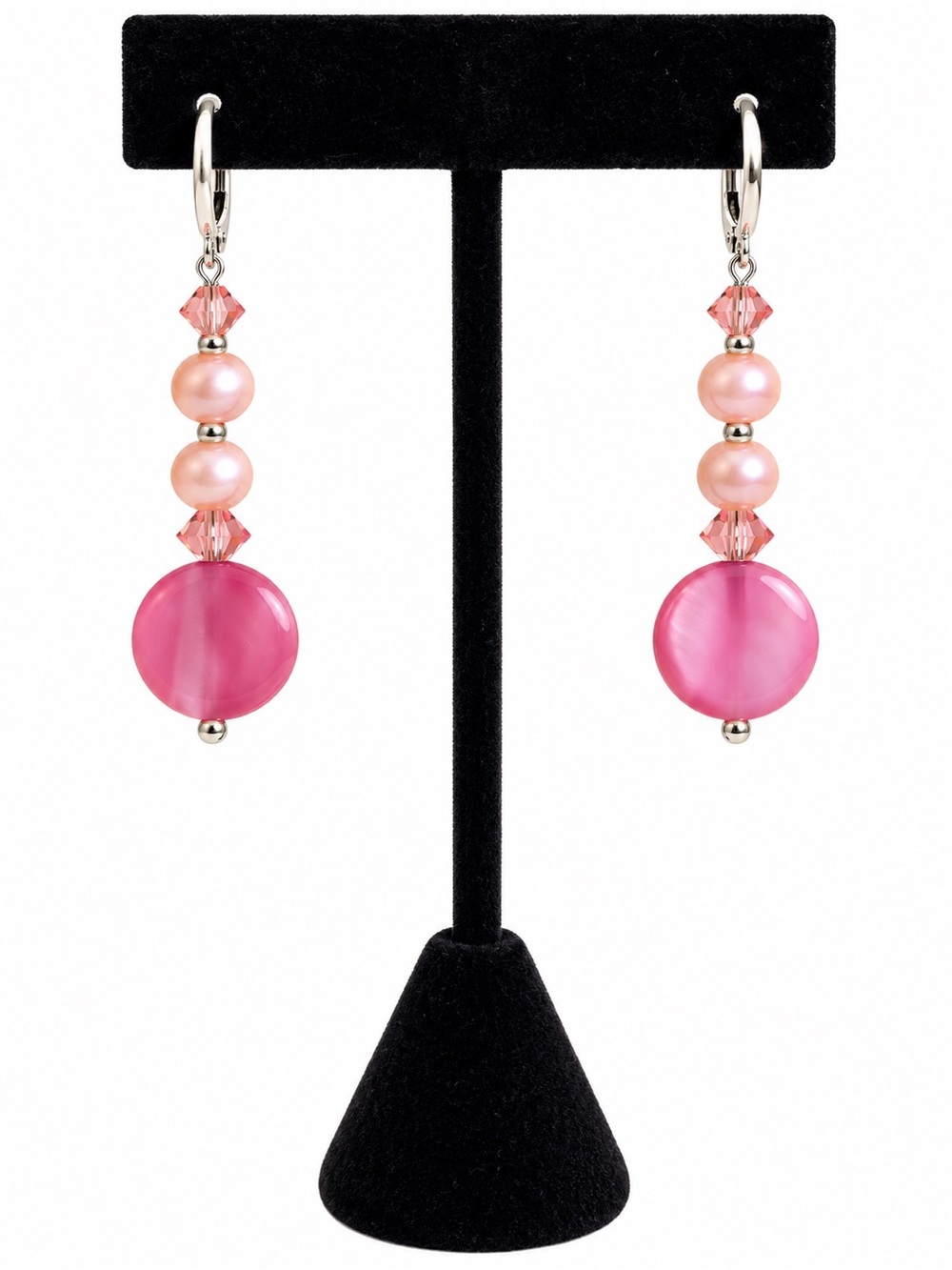 Pink Pearlescent Disc & Beaded Cluster Dangle Earrings
